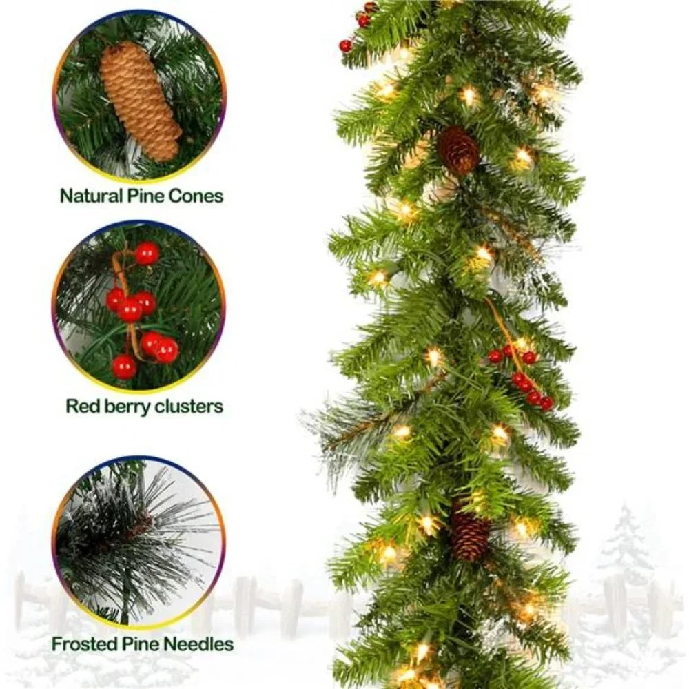 9 ft. Christmas Garland with 50 Warm White Lights, Pre-lit Christmas Garland